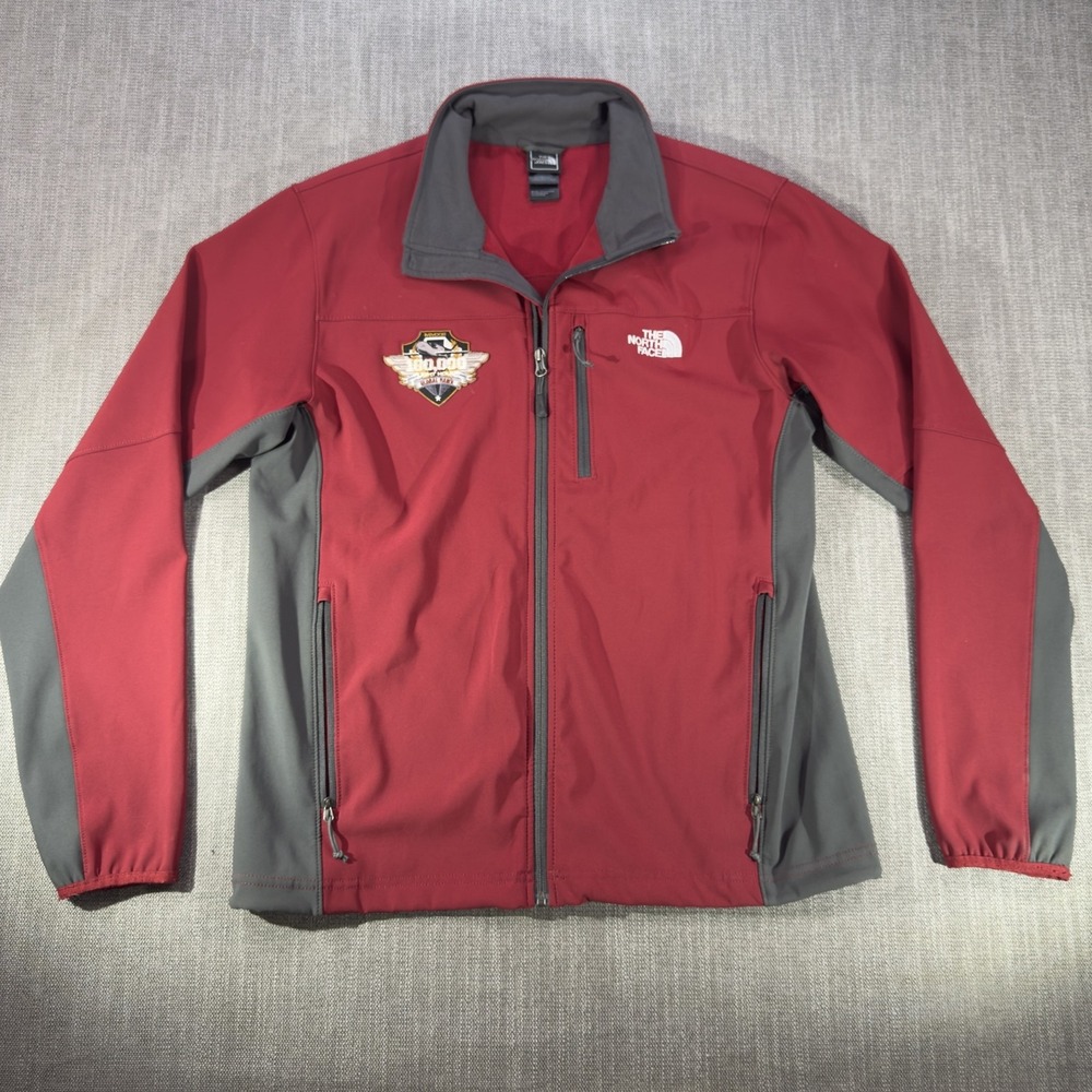 The North Face Jacket Mens Large Red Gray Full Zip Soft Shell Global Hawk Patch